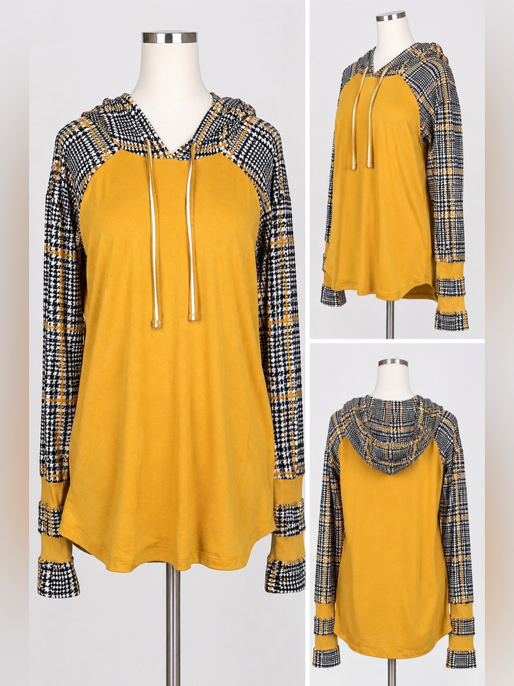 Ultra Flirt Mustard Plaid Hooded Raglan Top